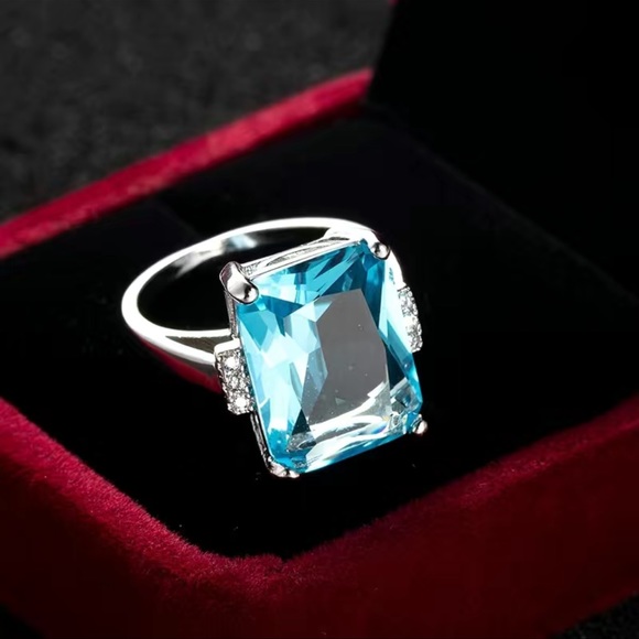Silver 925 Plated Rectangle Aquamarine Ring - Picture 2 of 10